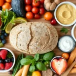 Mesa de alimentos saudáveis com pão low carb