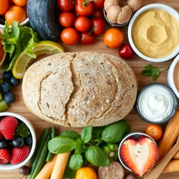 Mesa de alimentos saudáveis com pão low carb
