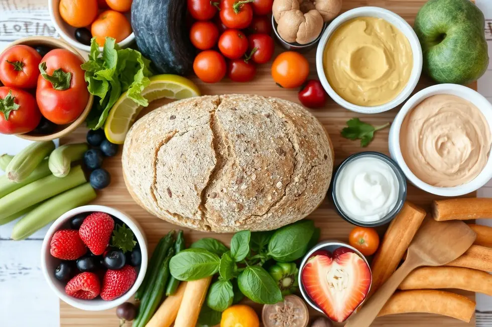 Receita de Pão Low Carb Sem Glúten: 5 Passos para Um Estilo de Vida Saudável 8 Mesa de alimentos saudáveis com pão low carb