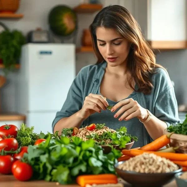 Mulher na cozinha preparando uma refeição saudável e sem glúten.