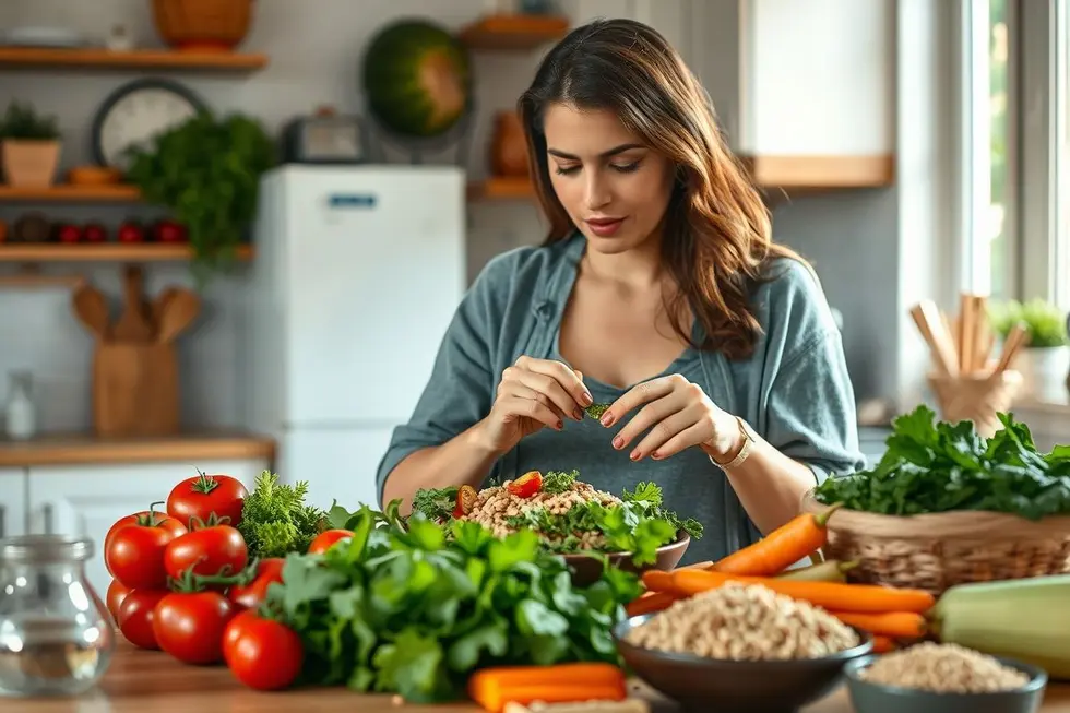 8 Benefícios Surpreendentes de Eliminar o Glúten para Perder Barriga 8 Mulher na cozinha preparando uma refeição saudável e sem glúten.