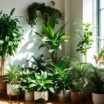 Ambiente interno iluminado com diversas plantas em vasos decorativos.