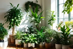 Ambiente interno iluminado com diversas plantas em vasos decorativos.