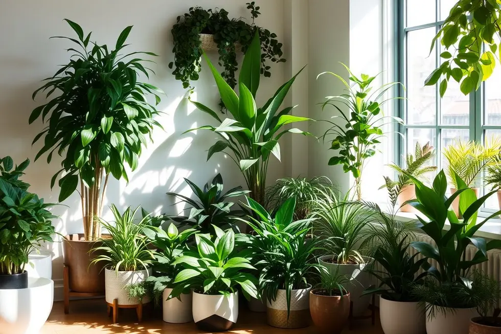 12 Plantas Internas que Transformarão Seu Lar em um Refúgio Verde 8 Ambiente interno iluminado com diversas plantas em vasos decorativos.
