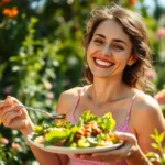 Mulher feliz com suas escolhas de refeições low carb.