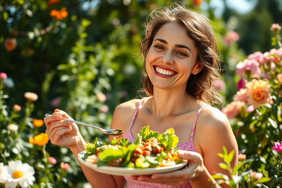 7 Pratos Low Carb que Ajudam Mulheres a Emagrecer com Sabor 8 Mulher feliz com suas escolhas de refeições low carb.