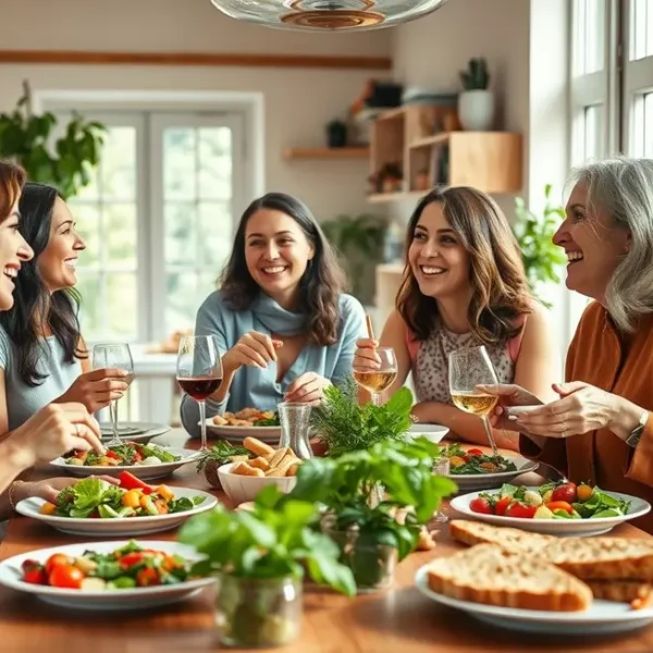 Grupo de mulheres sorrindo e compartilhando uma refeição saudável livre de glúten e lactose.