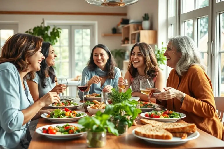 Grupo de mulheres sorrindo e compartilhando uma refeição saudável livre de glúten e lactose.