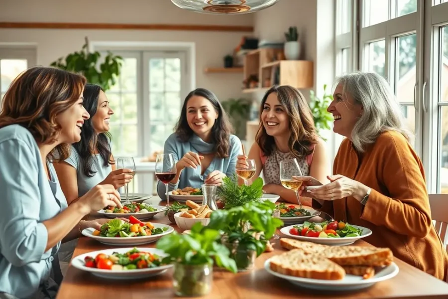 Grupo de mulheres sorrindo e compartilhando uma refeição saudável livre de glúten e lactose.
