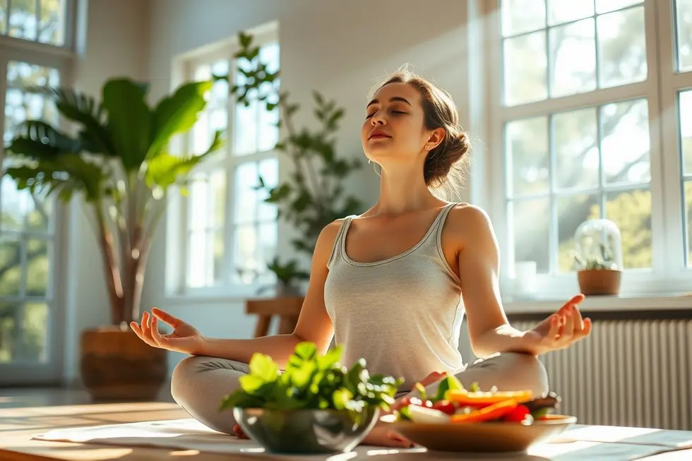 7 Estratégias de Jejum Intermitente para Mulheres Buscando Equilíbrio e Bem-Estar 8 Mulher meditando e refletindo sobre o jejum intermitente em um ambiente iluminado.