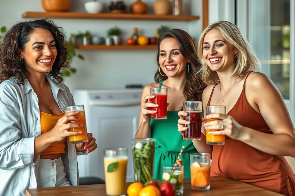 7 Delícias que Você Pode Beber Durante o Jejum Intermitente 8 Mulheres saudáveis brindando com bebidas permitidas no jejum intermitente
