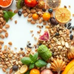 Diversos alimentos saudáveis dispostos de forma atraente.