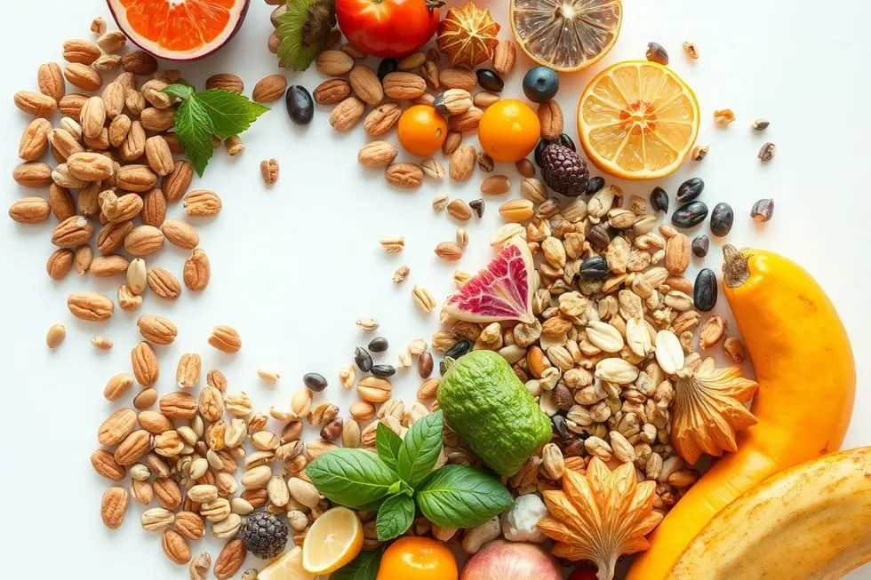 7 Alimentos Saudáveis que Transformarão sua Saúde em 2025 8 Diversos alimentos saudáveis dispostos de forma atraente.