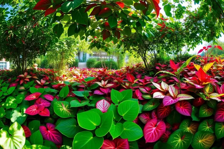 Vista panorâmica de um jardim cheio de Caladiums vibrantes iluminados por luz do sol.