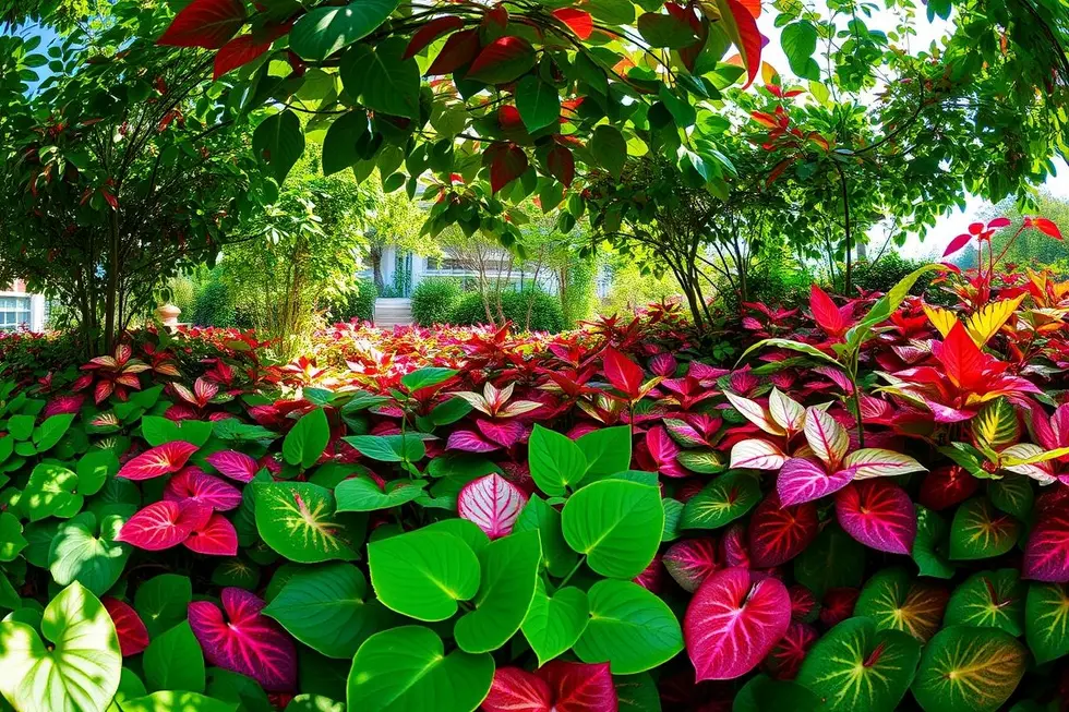 Caladium: O Guia Completo para Cultivar Esta Bela Planta Ornamentais 8 Vista panorâmica de um jardim cheio de Caladiums vibrantes iluminados por luz do sol.
