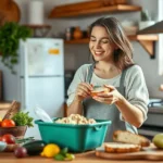 Mulher cozinhando pão low carb em um ambiente acolhedor.