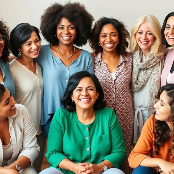 Grupo de mulheres compartilhando experiências sobre atração de abundância.