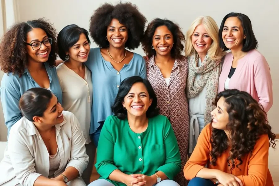 Grupo de mulheres compartilhando experiências sobre atração de abundância.