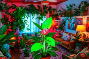 Uma sala de estar iluminada com várias plantas decorativas, incluindo um antúrio vibrante em um ambiente nostálgico.