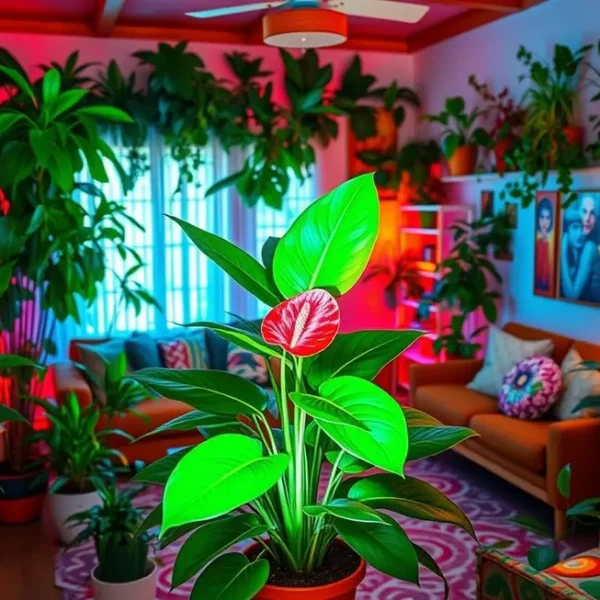 Uma sala de estar iluminada com várias plantas decorativas, incluindo um antúrio vibrante em um ambiente nostálgico.