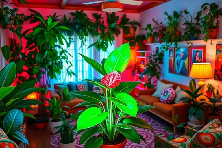 Uma sala de estar iluminada com várias plantas decorativas, incluindo um antúrio vibrante em um ambiente nostálgico.