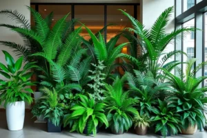 Diversas espécies de samambaias em um ambiente decorado, enfatizando sua beleza e versatilidade.