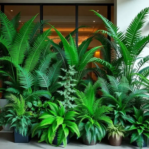 Diversas espécies de samambaias em um ambiente decorado, enfatizando sua beleza e versatilidade.