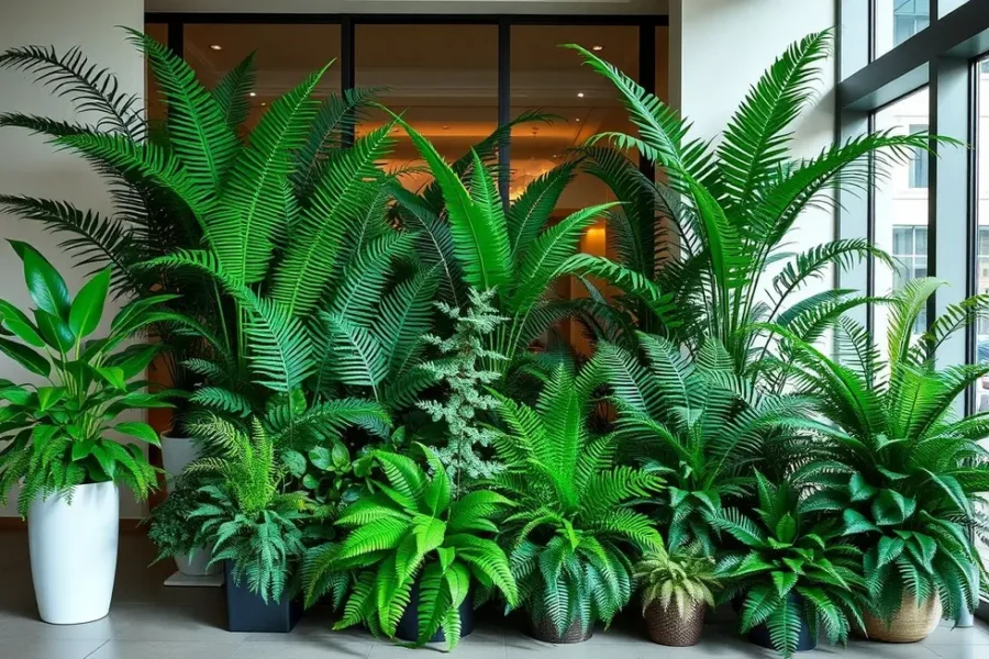 Diversas espécies de samambaias em um ambiente decorado, enfatizando sua beleza e versatilidade.