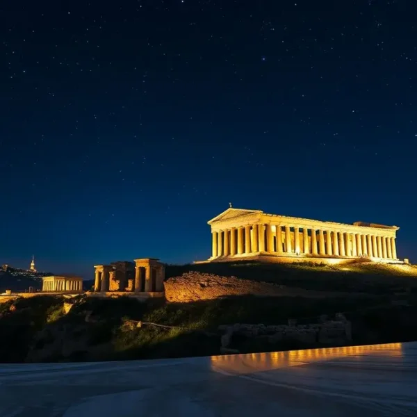 Acrópole de Atenas iluminada sob um céu estrelado.