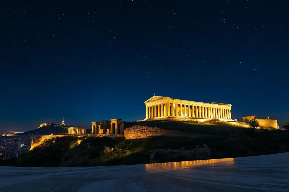 Explorando a Acrópole: 7 Dicas Para Mulheres que Amam Cultura e História 8 Acrópole de Atenas iluminada sob um céu estrelado.