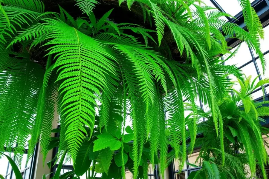 Espaço interno decorado com diversas samambaias.