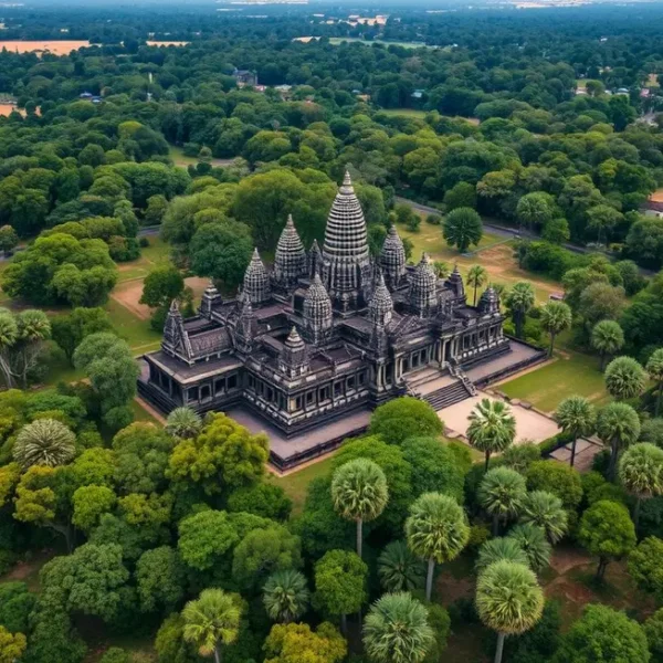 Imagem aérea de Angkor Wat destacando sua arquitetura imponente.