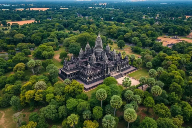 Imagem aérea de Angkor Wat destacando sua arquitetura imponente.
