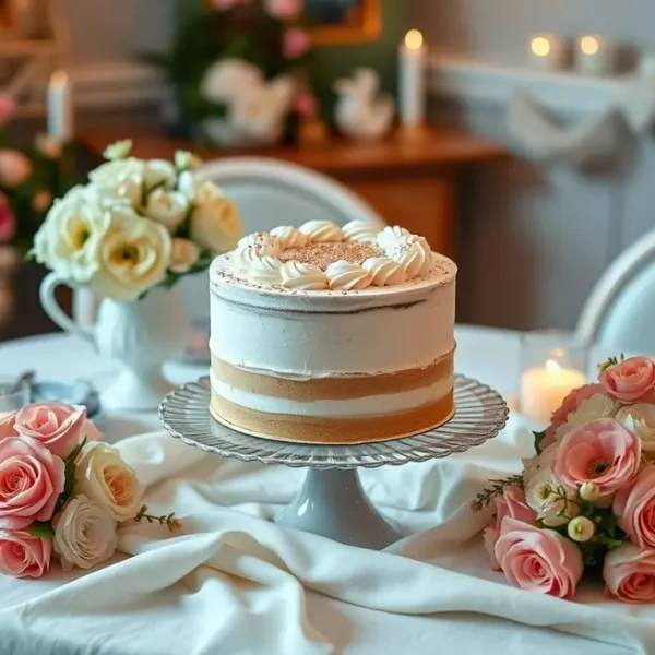 Mesa decorada com bolo cappuccino e flores frescas.