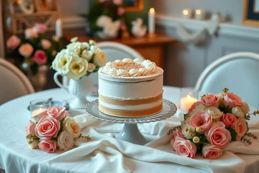 Mesa decorada com bolo cappuccino e flores frescas.