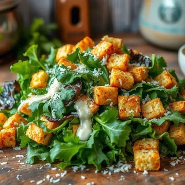Uma salada Caesar apresentada de forma atraente.