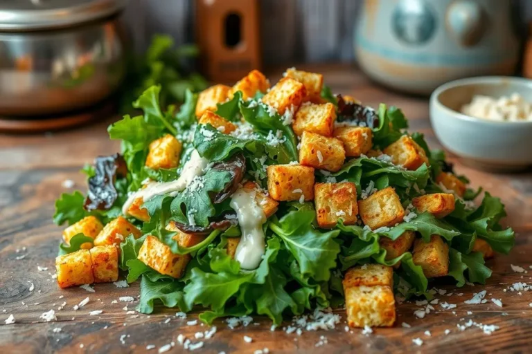 Uma salada Caesar apresentada de forma atraente.