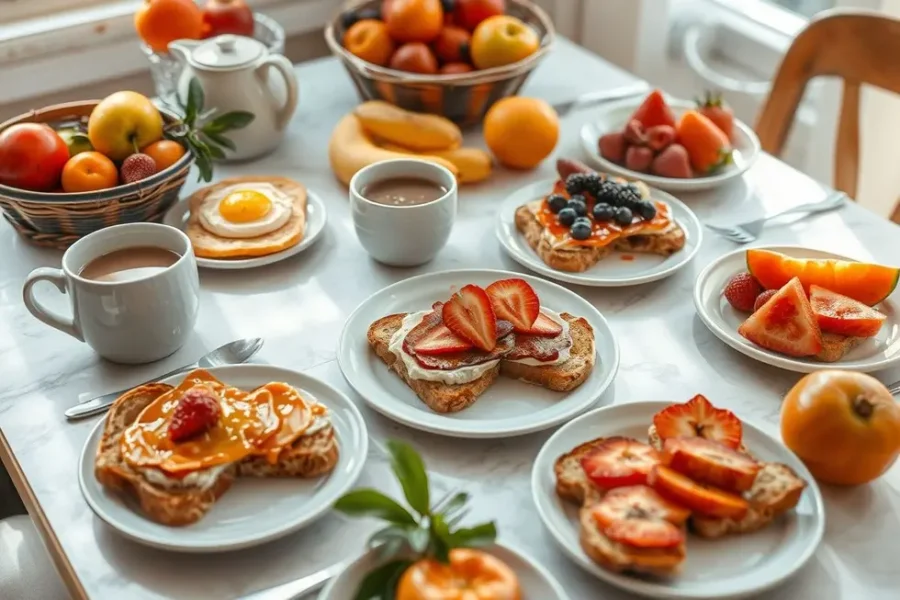 Mesa de café da manhã com torradas saudáveis e frutas.