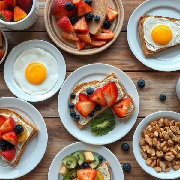Uma mesa de café da manhã com torradas saudáveis e frutas.