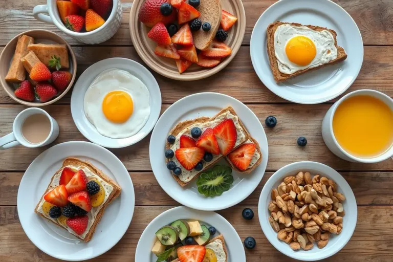 Uma mesa de café da manhã com torradas saudáveis e frutas.
