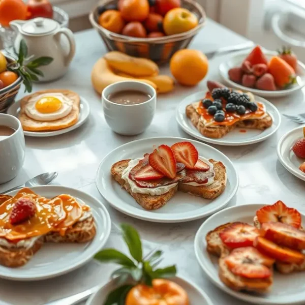 Café da manhã saudável com várias torradas e ingredientes frescos.