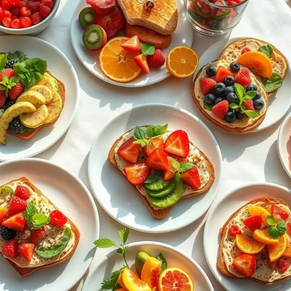 Mesa de café da manhã saudável com torradas criativas e ingredientes frescos.