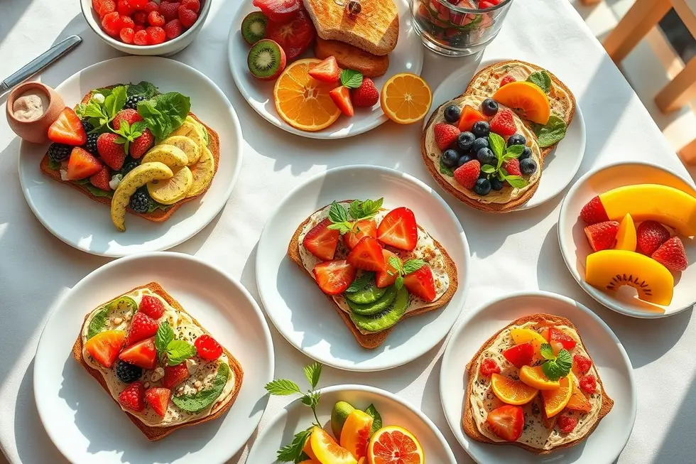 10 Torradas Saudáveis para Transformar seu Café da Manhã 8 Mesa de café da manhã saudável com torradas criativas e ingredientes frescos.