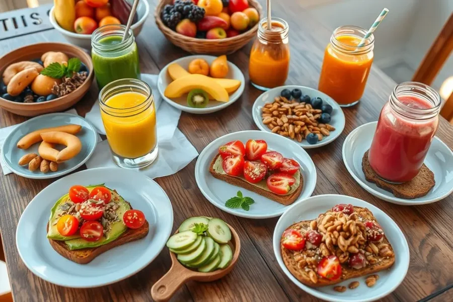 Mesa inspiradora com torradas saudáveis, frutas frescas e bebidas coloridas.