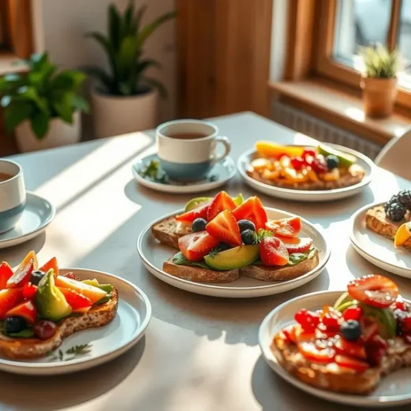 Mesa de café da manhã com diversas torradas saudáveis.