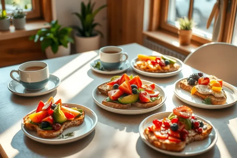 Mesa de café da manhã com diversas torradas saudáveis.