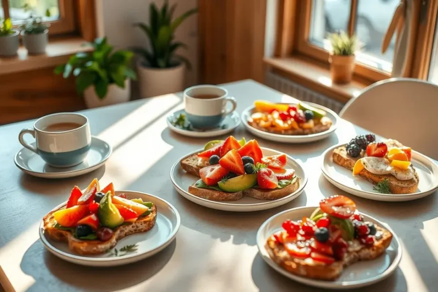 Mesa de café da manhã com diversas torradas saudáveis.