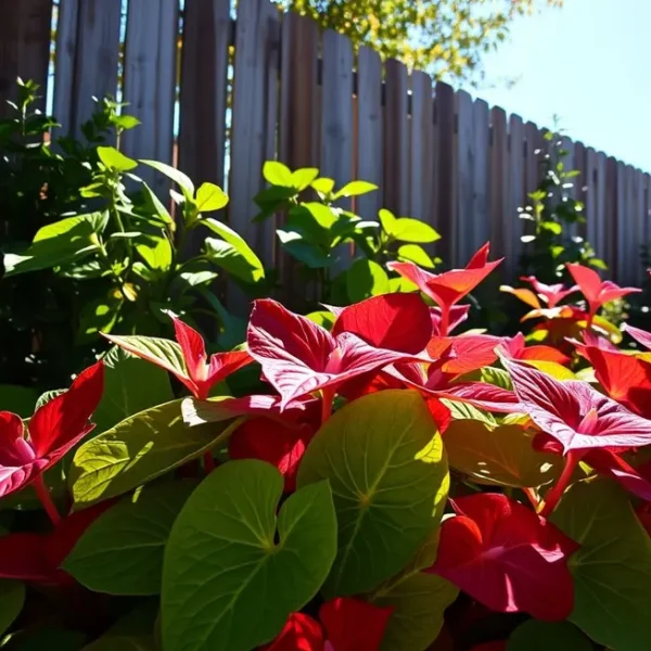 Cenário de jardim acolhedor com Caladium coloridos ao fundo.