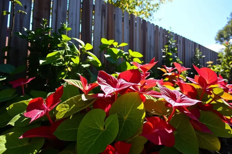 Cenário de jardim acolhedor com Caladium coloridos ao fundo.