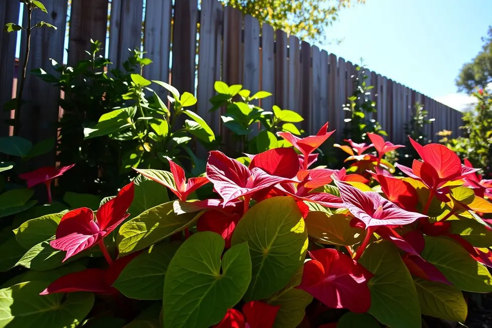8 Motivos para Amar Caladium e Transformar Seu Jardim 8 Cenário de jardim acolhedor com Caladium coloridos ao fundo.